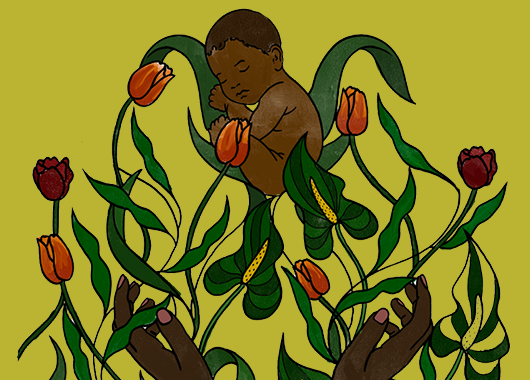 Illustration of a newborn surrounded by flowers, with two hands at the bottom of the frame extended to catch the baby - artwork by Stephanie Vidal